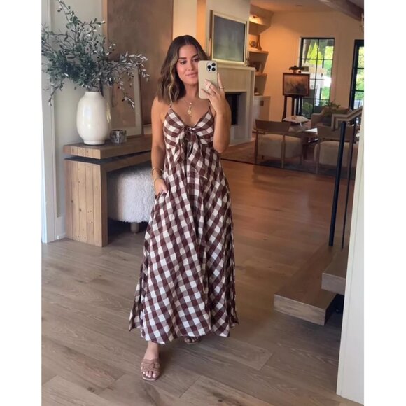 FREE PEOPLE Via Midi Dress in Brown Combo Everly Size Large - Picture 3 of 16